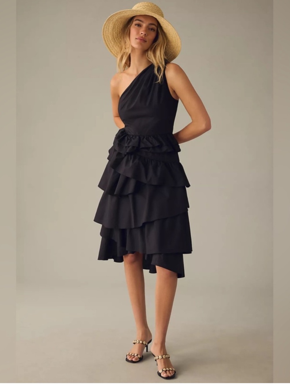 Anthropologie One Shoulder Tiered Ruffle Midi Dress Black Size 0